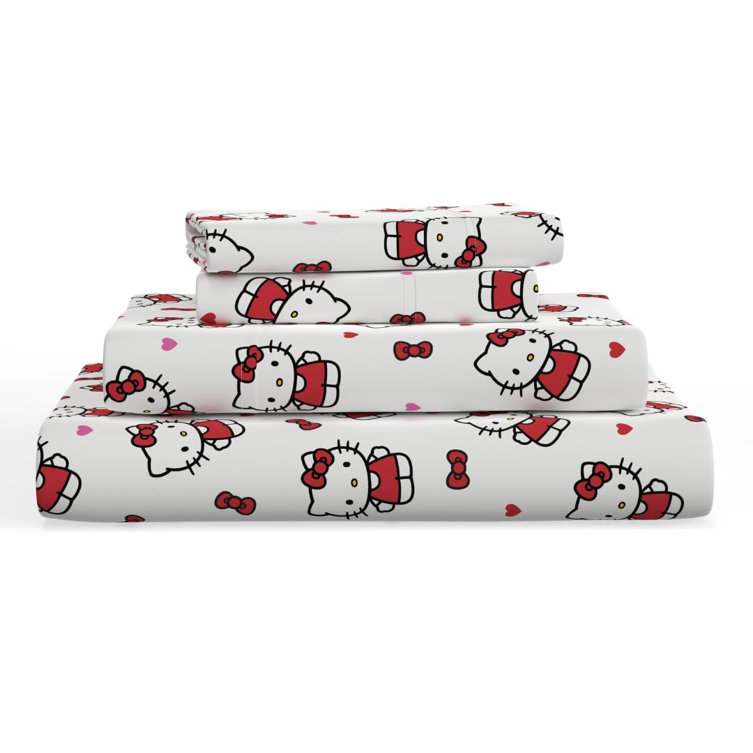 Franco Collectibles Hello Kitty Bedding Juego de sábanas de algodón súper Suave de 3 Piezas Individual XL, Esenciales para recámara Universitario (Producto con Licencia Oficial)