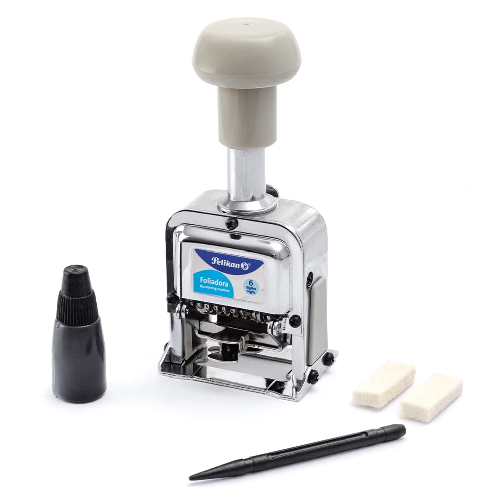Pelikan Foliadora de Acero Inoxidable de Enumeración Automática con 6 Digitos. Incluye 2 Almohadillas.