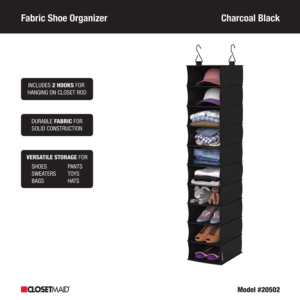 ClosetMaid Organizador de Armario Colgante de Tela de 10 estantes para Zapatos, Sombreros, Bolsos, Ropa con Acabado Negro carbón