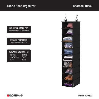 ClosetMaid Organizador de Armario Colgante de Tela de 10 estantes para Zapatos, Sombreros, Bolsos, Ropa con Acabado Negro carbón