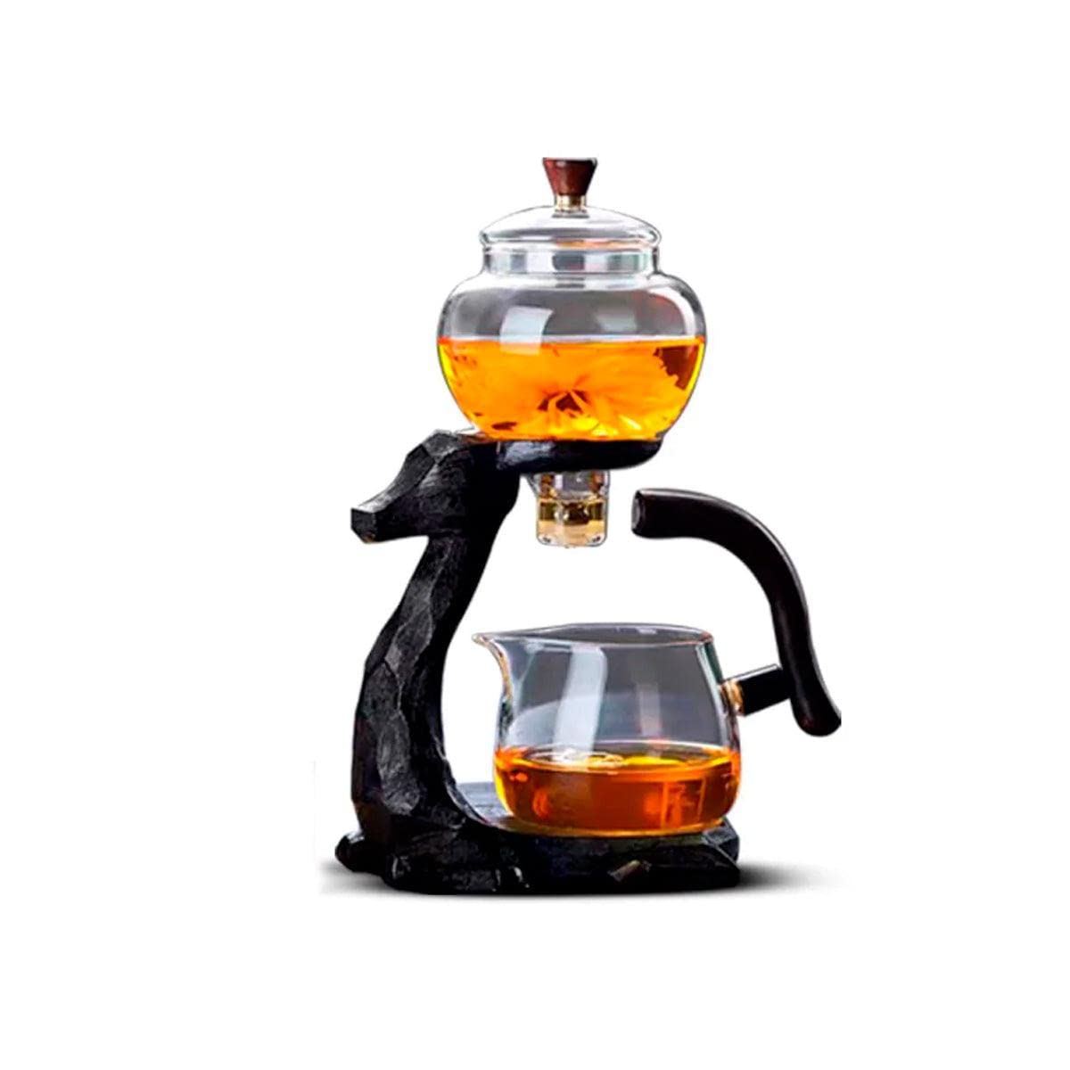 TRESSO Juego de Tetera de Vidrio Estilo Japonés, con Soporte en forma de Ciervo, Hecho de Madera 300 ml y 6 Tazas de Cristal, Set de 7 Unidades