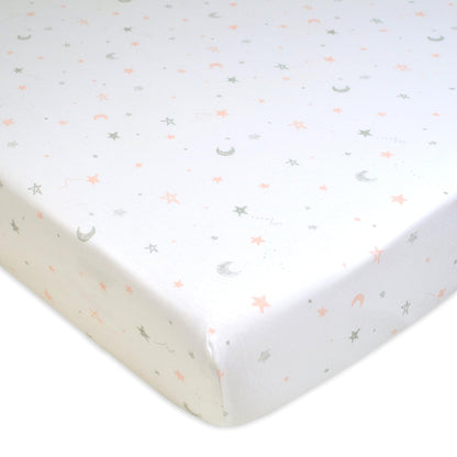 American Baby Company - Sábana Bajera Ajustable de 100% algodón Natural de 52 x 28 Pulgadas, Suave, Transpirable, hipoalergénica y Suave, con Estrellas Rosas y Lunas, Neutro para niños y niñas