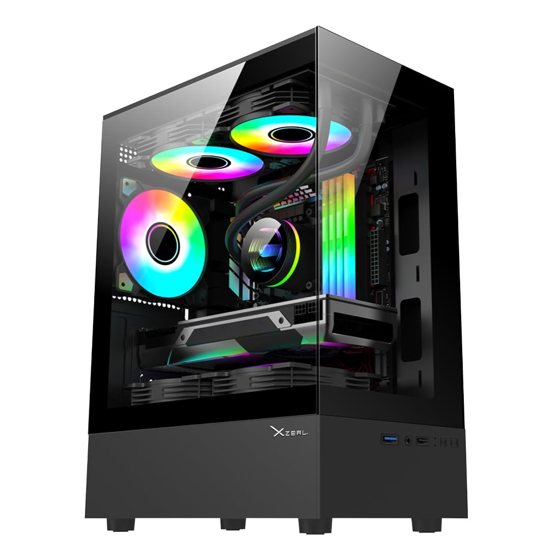 Gabinete Xzeal X-Zynergy M-ATX/ITX 1xUSB1.0 + 1x USB3.0 + 3.5 mm + 3 Fans RGB Negro