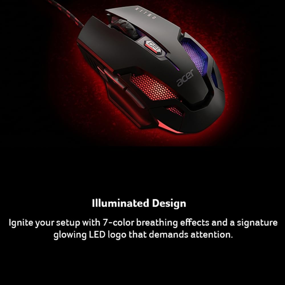 acer Mouse Nitro Gaming | Hasta 7200 dpi, conexión USB, 7 luces RGB