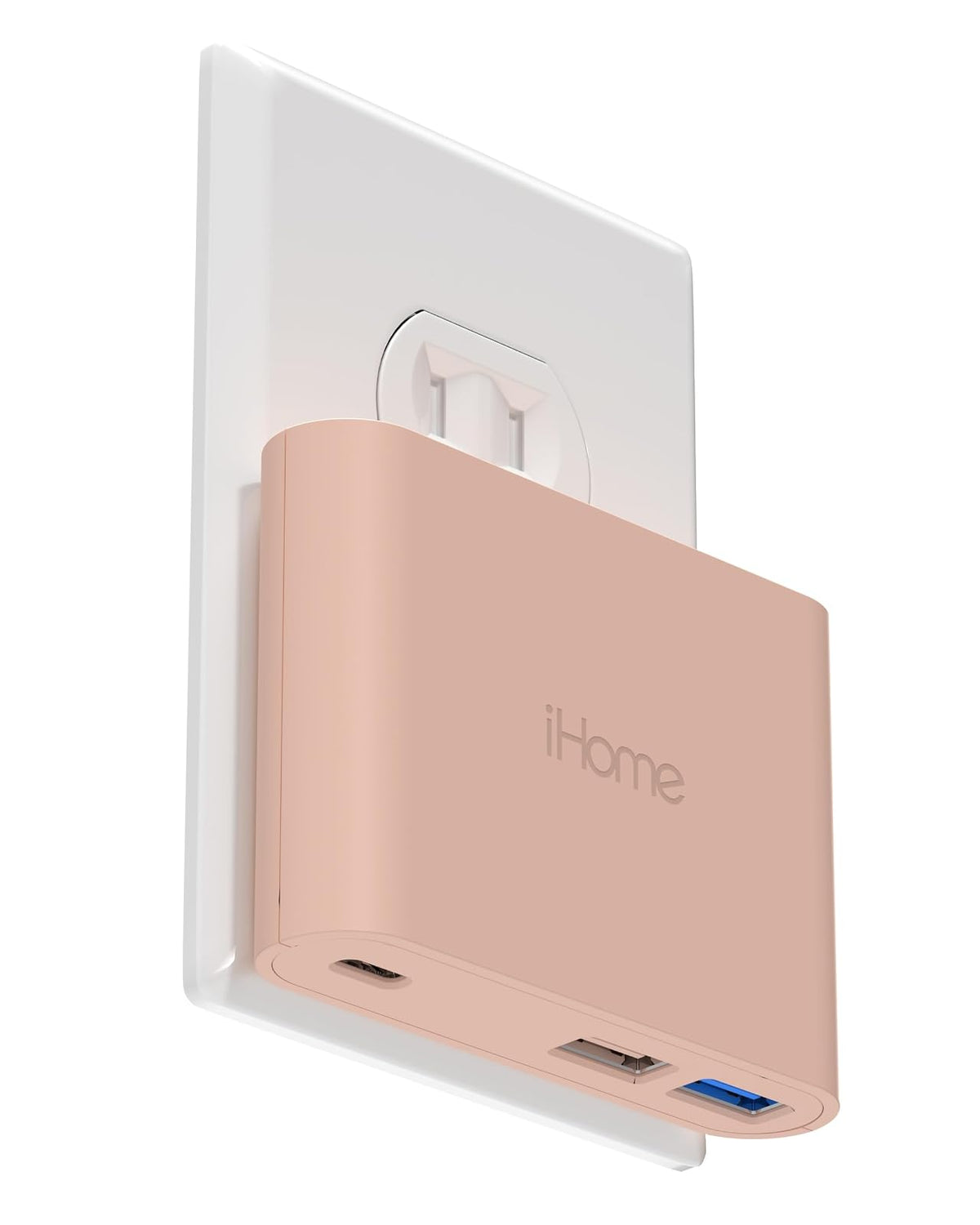 iHome Cargador de Pared USB Multipuerto 32W, USB-C y 2 USB-A, Carga Rápida - Pastel Pink
