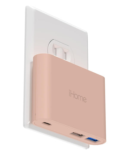 iHome Cargador de Pared USB Multipuerto 32W, USB-C y 2 USB-A, Carga Rápida - Pastel Pink