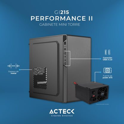 Acteck Gabinete Micro Torre Performance II GI215 / MAX MB M-ATX Fuente ATX Plus 500w / 2xUSB 2.0 / Full Metalico + Frente Solido/Negro