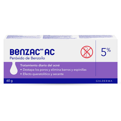 Benzac AC 5% Gel Peróxido de Benzoílo Para Acné Barros Espinillas Piel 60 g | Con peróxido de benzoílo 5% y tecnología AC; auxiliar en acné, ayuda a reducir grasa, barros, espinillas y poros tapados.