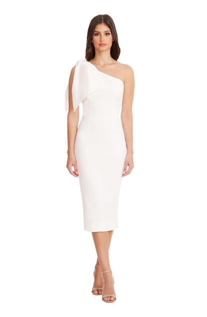 Dress the Population Vestido Midi Ajustado con Escote de Lazo asimétrico Vestido Mujer