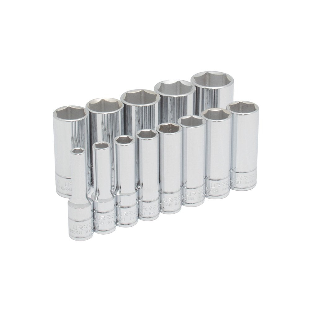 Urrea 52114 Juego de dados largos cuadro de 3/8", en pulgadas 6 puntas en riel, 13 piezas