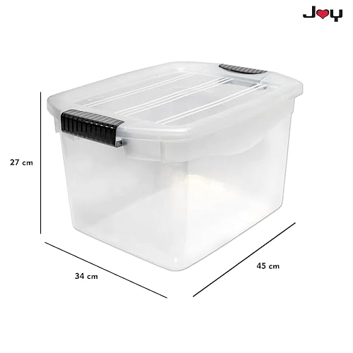 JOY - Caja de Almacenamiento Apilable, Pack de 2, para Organizador Armario, Juguetes, Ropa, con Broche y Tapa Duradera, 29 Litros de Capacidad, Plástico Libre de BPA, Transparente
