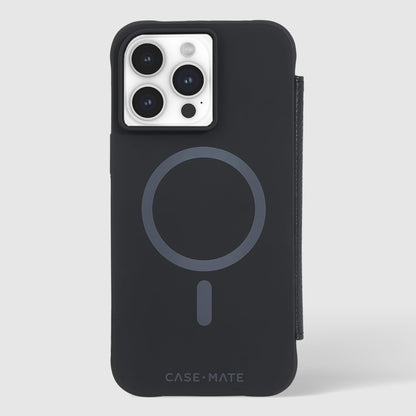 Case-Mate - Funda tipo portafolios para iPhone 15 Pro Max, color negro [protección contra caídas de 12 pies] [compatible con MagSafe] Funda magnética con tapa tipo folio hecha con piel guijarro auténtico, soporte de paisaje, efectivo y tarjetero