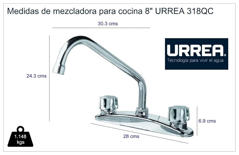 URREA 318QC Mezcladora para Cocina de 8” con Manerales Tipo Queen, Latón Cromado