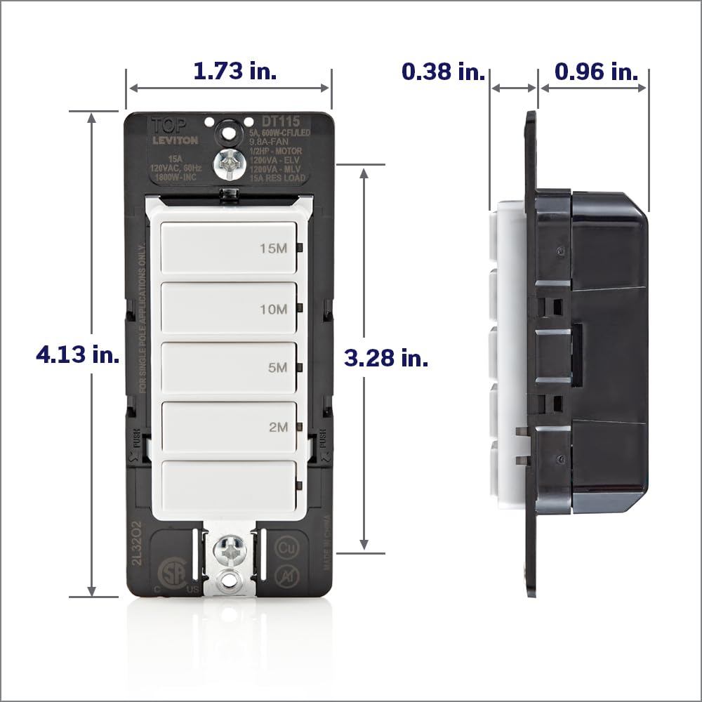 Leviton DT115-1LW - Interruptor de temporizador de cuenta regresiva para luces domésticas de baño, 2-5-10-15 minutos, no requiere neutro, un solo polo, 15A, 1/2 HP/9.8A ventilador/motor, blanco, 15