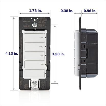 Leviton DT115-1LW - Interruptor de temporizador de cuenta regresiva para luces domésticas de baño, 2-5-10-15 minutos, no requiere neutro, un solo polo, 15A, 1/2 HP/9.8A ventilador/motor, blanco, 15