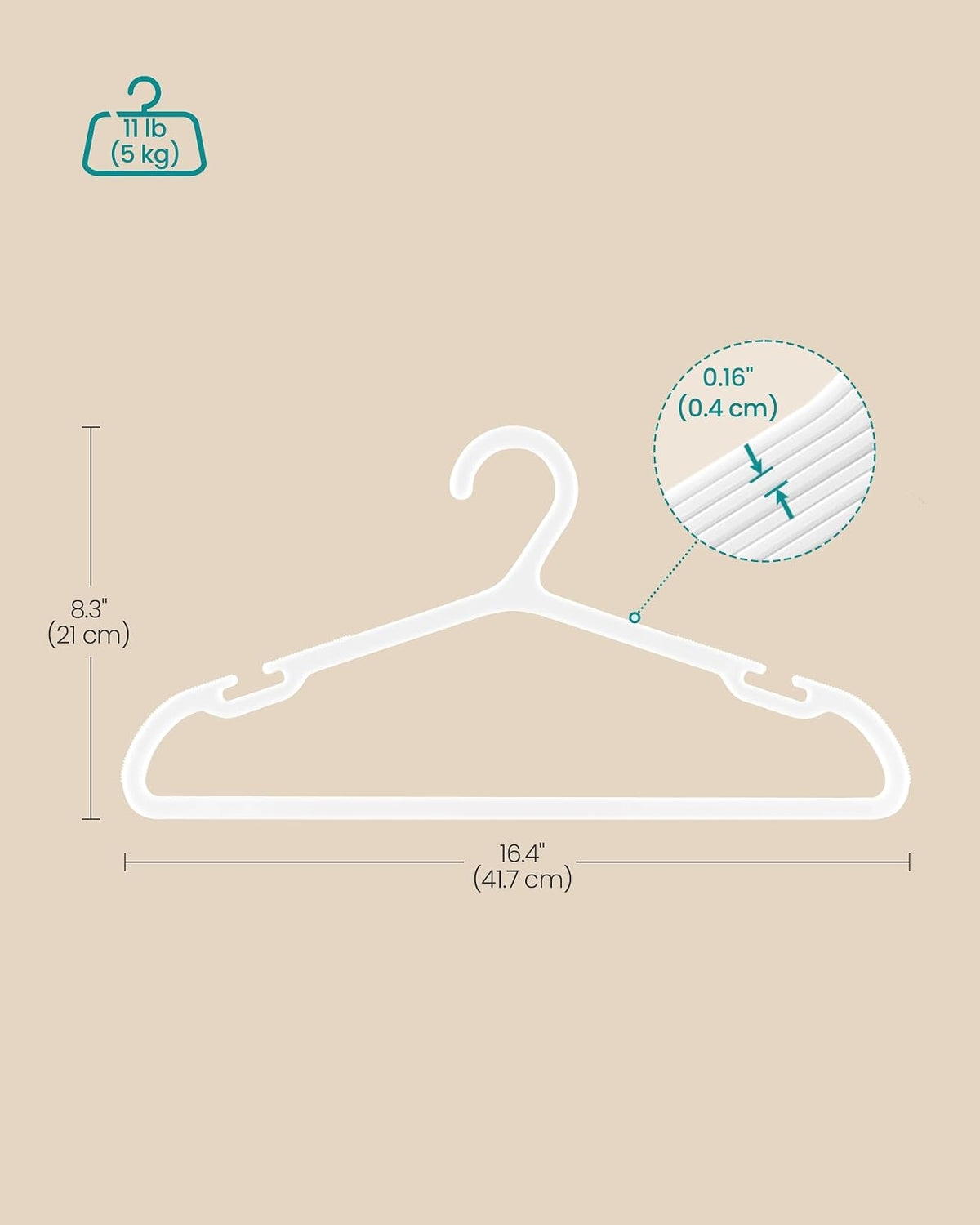 SONGMICS UCRP010W01 - Perchas de plástico con Muesca Ancha en los Hombros, Perchas de Ahorro de Espacio, 16.4 Pulgadas de Ancho, para clóset, Blanco Nube
