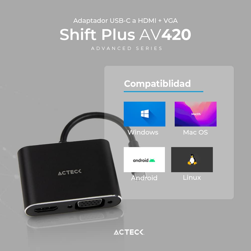 Adaptador USB Tipo C a HDMI + VGA Shift Plus AV420 / Para Video Hasta 4k Macho a Hembra/Hembra Negro Advanced Series
