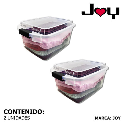 JOY Caja de Almacenamiento de Plástico con Broches de Seguridad, Paquete de 2, Capacidad de 20 Litros + 3 Litros en la Tapa! Ideal para Organizar Ropa, Juguetes y Todos Tus Objetos (45x34x24 cm)
