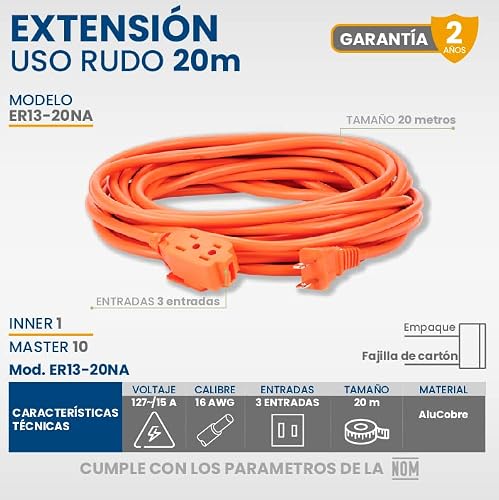 iGOTO ER13-20NA Extension Uso Rudo, color Naranja, 20 m
