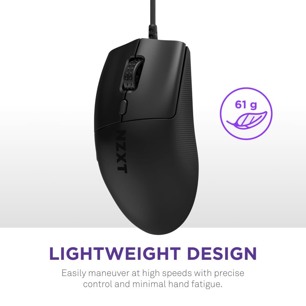 NZXT Lift 2 Ergo | Ratón para Juegos con Cable Ligero y ergonómico | Diseño Ligero de 61 g | Tasa de sondeo de 8K | Interruptores ópticos | Sensor óptico PPP de 26K | Pies de PTFE 100% | Negro