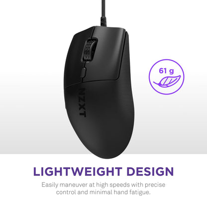 NZXT Lift 2 Ergo | Ratón para Juegos con Cable Ligero y ergonómico | Diseño Ligero de 61 g | Tasa de sondeo de 8K | Interruptores ópticos | Sensor óptico PPP de 26K | Pies de PTFE 100% | Negro