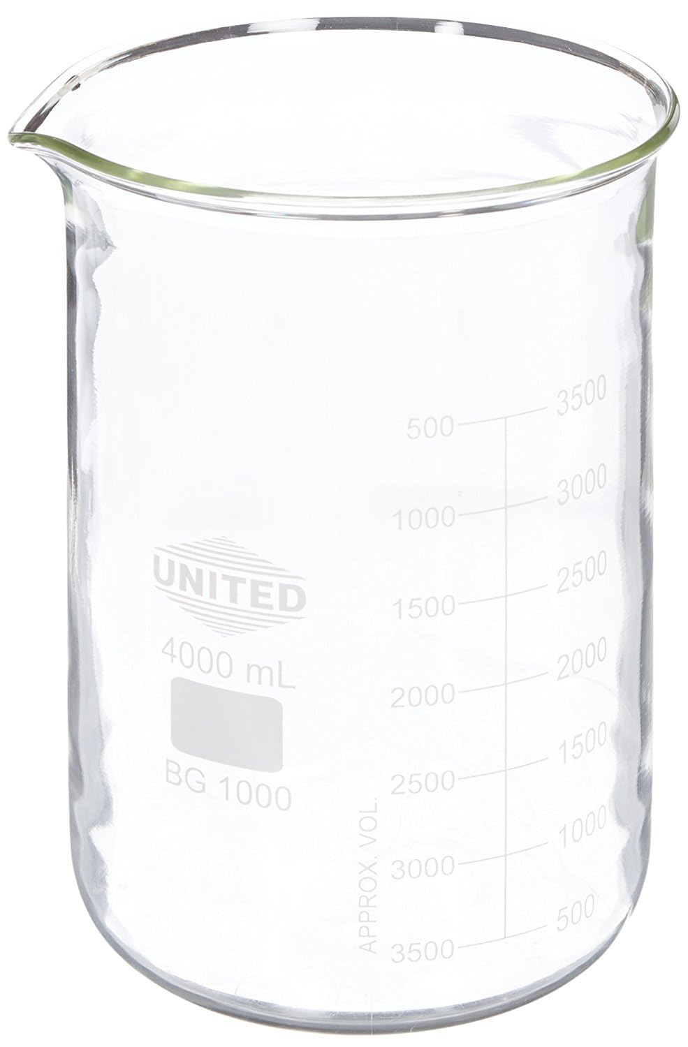 United Scientific (4000 ml) Vaso de vidrio de 4 litros – Griffin de forma baja, cristalería química de graduación de doble escala, vaso de vidrio borosilicato 3.3 con boquilla de vertido, borde de
