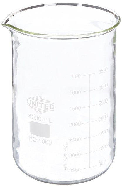 United Scientific (4000 ml) Vaso de vidrio de 4 litros – Griffin de forma baja, cristalería química de graduación de doble escala, vaso de vidrio borosilicato 3.3 con boquilla de vertido, borde de