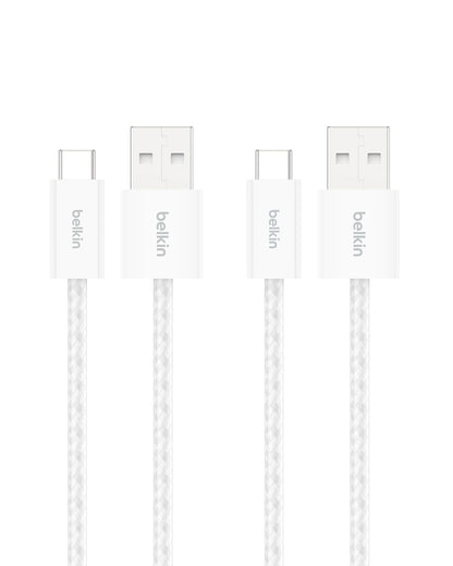 Belkin Cable trenzado USB-A a USB-C (1 M, 15 W) - Cable de carga rápida suave y flexible, cable de carga tipo C para iPhone 16 y 15 Series, Galaxy S25, Pixel 9, iPad Pro y más, color blanco (USB 2.0
