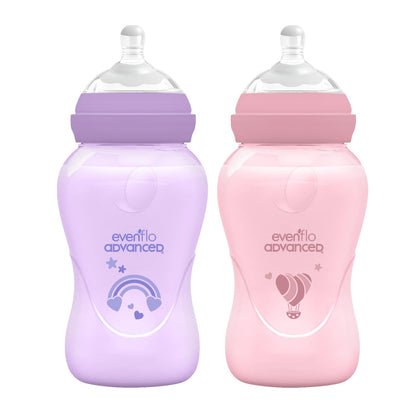 Evenflo Advanced Biberones Anticólicos Cuello Ancho, Rosa y Lila, Flujo Medio, 270ml, Silicón Libre de BPA, Sistema Doble Válvula, 2 Piezas