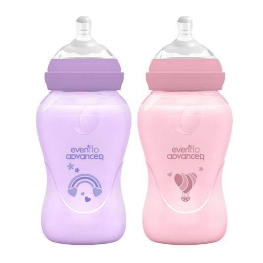 Evenflo Advanced Biberones Anticólicos Cuello Ancho, Rosa y Lila, Flujo Medio, 270ml, Silicón Libre de BPA, Sistema Doble Válvula, 2 Piezas