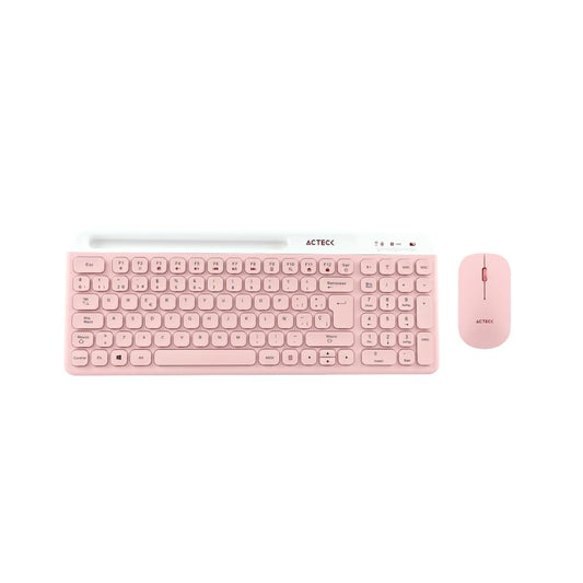 Acteck Virtuos Silk MK720 Combo 2 en 1 Teclado y Mouse Inalámbrico, Multidispositivo, 2.4 GHz + Bluetooth, 4000 dpi, Recargable (Rosa)