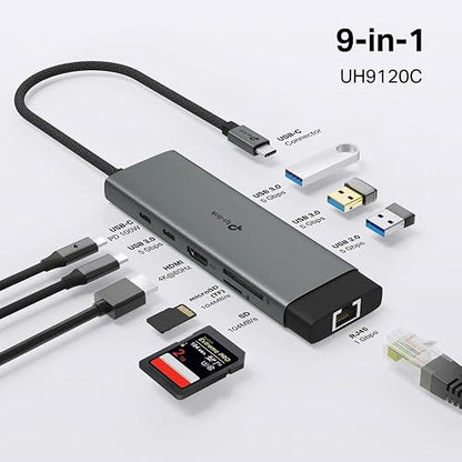 Hub USB-C TP-Link 9 en 1, HDMI 4K 60Hz, PD 100W, Ethernet Gigabit, SD/microSD, Puertos USB-C 5Gbps y 3× USB-A, Plug & Play, Compatible con MacOS, Windows, iOS, Android, ChromeOS (UH9120C)