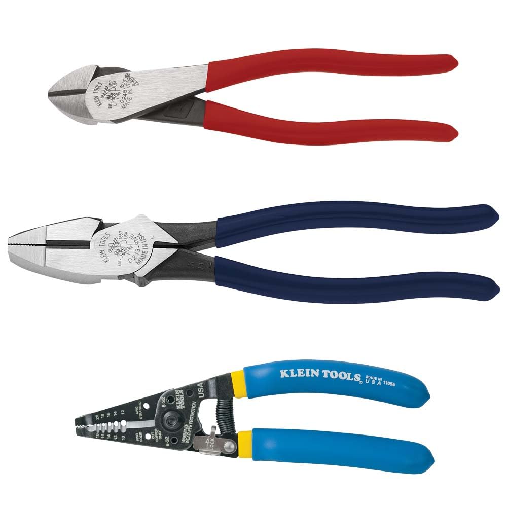 Klein Tools 80121 - Kit de alicates pelacables, fabricado en Estados Unidos, alicates de liniero y cortadores diagonales, 3 piezas