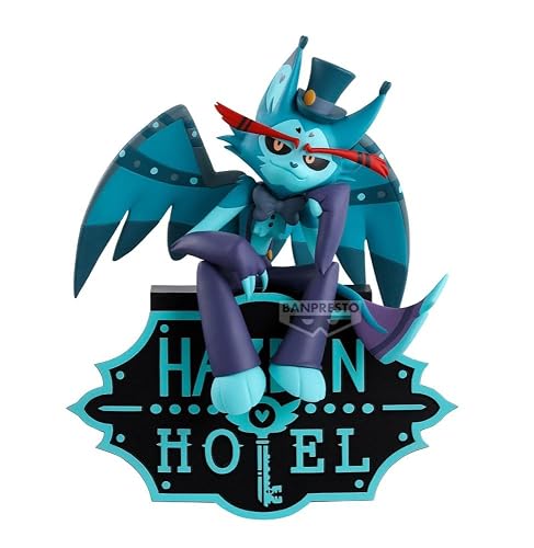 Banpresto - Husk Ver. B, Estatuilla, Monitor Top, Hazbin Hotel, 18 cm (7") | Pose sentada sobre letrero temático, base integrada, escultura detallada, colores turquesa y morado, coleccionista adulto