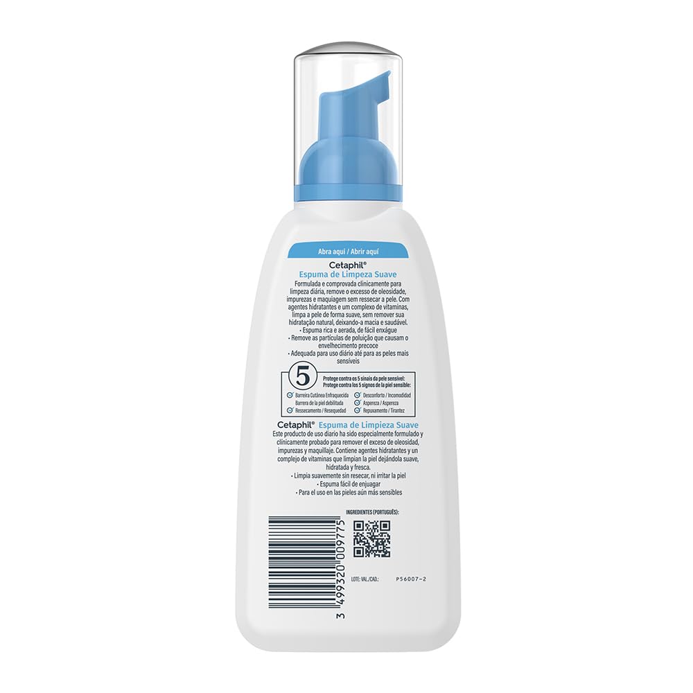Cetaphil Espuma de Limpieza Facial Suave Glicerina Piel Sensible 236 ml | Autoespumante que elimina suciedad, grasa y maquillaje sin resecar, con glicerina, vitamina B5 y E para calmar piel sensible.