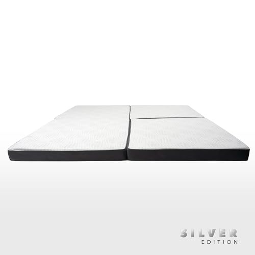 Memory Foam Silver Edition | Colchón/Colchoneta Plegable para Invitados y Visitas con Maleta de Transporte, Soporte Confortable, Portátil y Fácil de Guardar, Blanco con Gris