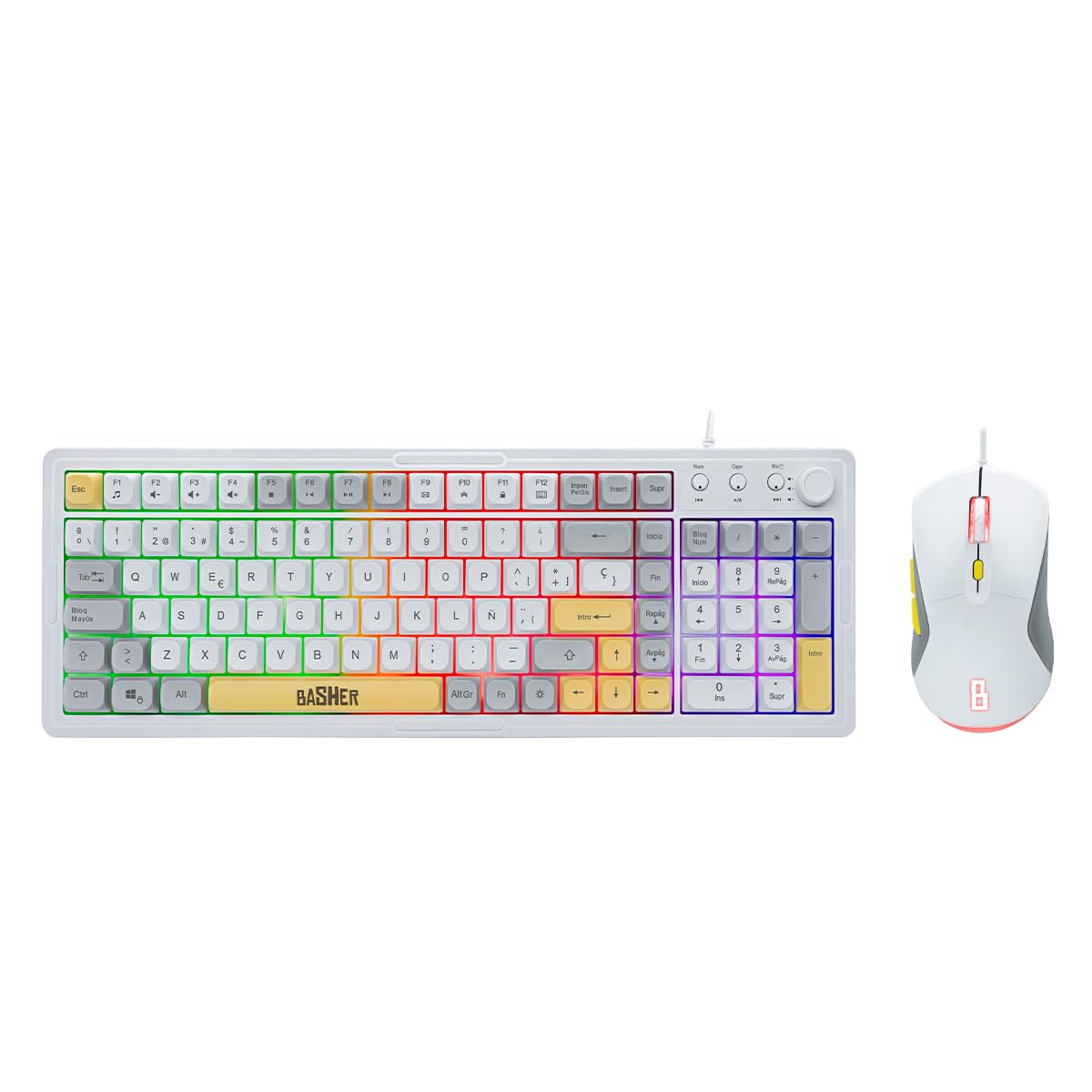Basher Kit Gamer RGB para PC con Teclado Full Size de 102 Teclas Antighosting y Mouse de hasta 7200 dpi, Control de Volumen, Iluminación LED y Conexión USB BASH-6000