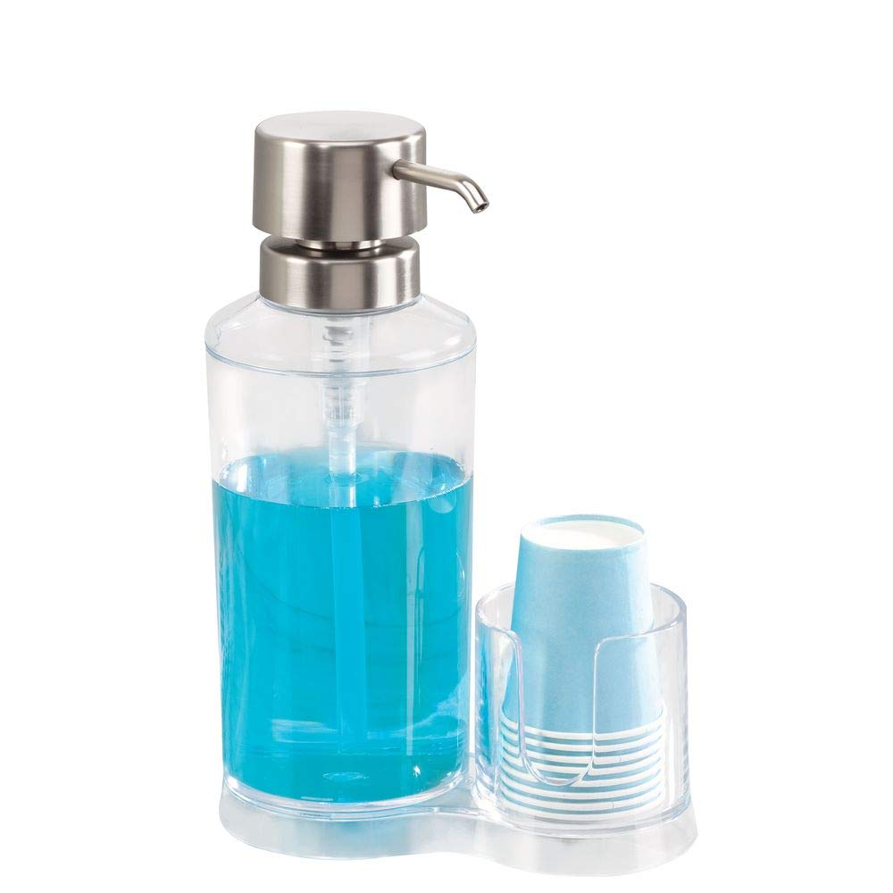 InterDesign 40660 Clarity Mouthwash Dispenser, Pump Caddy and Paper Cup Holder, Clear/Brushed - Dispensador de enjuague de boca
