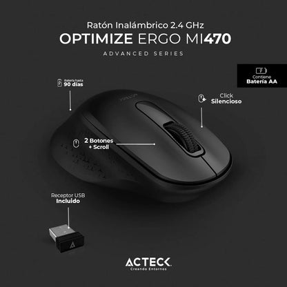 Acteck Mouse Inalambrico 2.4 GHz Optimize Ergo MI470 / Diseño Ergonomico de 1600 dpi s 2 Botones + 1xBat AA Incluida Negro Advanced Series