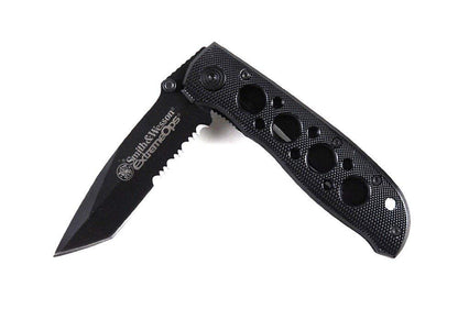Smith & Wesson CK5TBS Cuchillo Plegable de Alto Carbono de 7.4 Pulgadas con una Hoja Tanto Dentada de 3.2 Pulgadas y Mango de Aluminio para Exteriores, táctico, Supervivencia y EDC