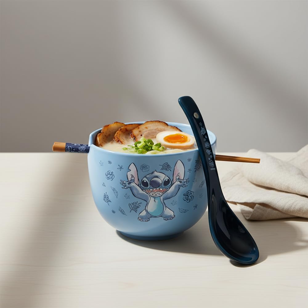 Silver Buffalo Tazón de Cerámica Floral Lilo y Stitch 20 oz | Con palillos y cuchara, apto para microondas y lavaplatos, decoración floral