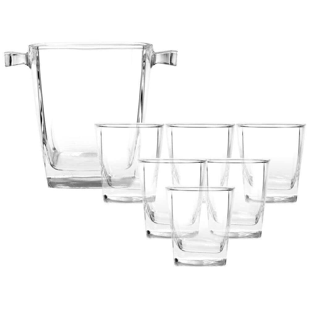 Luminarc 307-5978 Juego de Hielera con 6 Vasos Old Fashion de Vidrio Grueso Transparente, Modelo Stearling, Juego para Mesa de Noche o Bar en Casa, Capacidad 1.3 L y 295 ml con Caja de Regalo