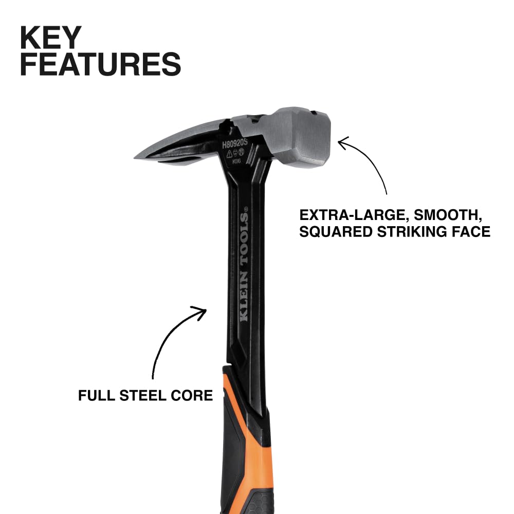 Klein Tools H80920S - Martillo de encuadre de cara lisa con garra recta, acero forjado de 20 onzas, extractor de uñas magnético y cara cuadrada extragrande