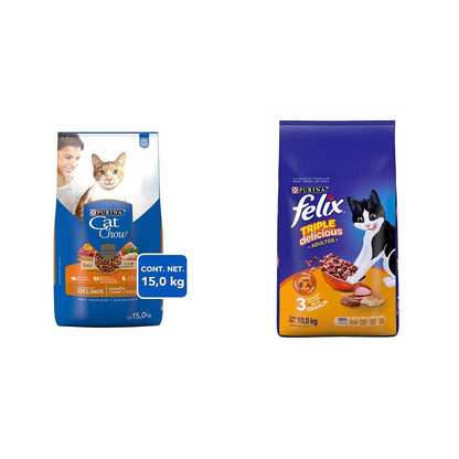 Purina - Cat Chow Comida para Gato, Adulto, Deli Mix, 15.0 kg + Felix Croquetas para Gato, Triple Delicious Granja, 10kg