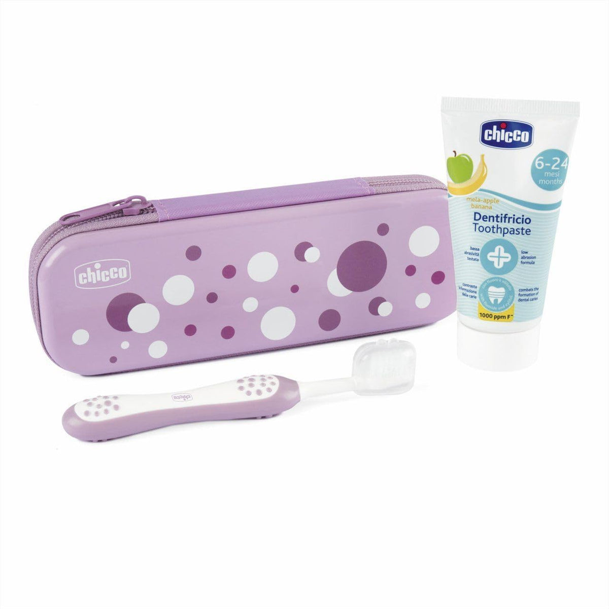 Chicco Mi Primer Set Oral, Cepillo y Masajeador de Encías - 6-36 meses - Set Morado+pasta Fresa