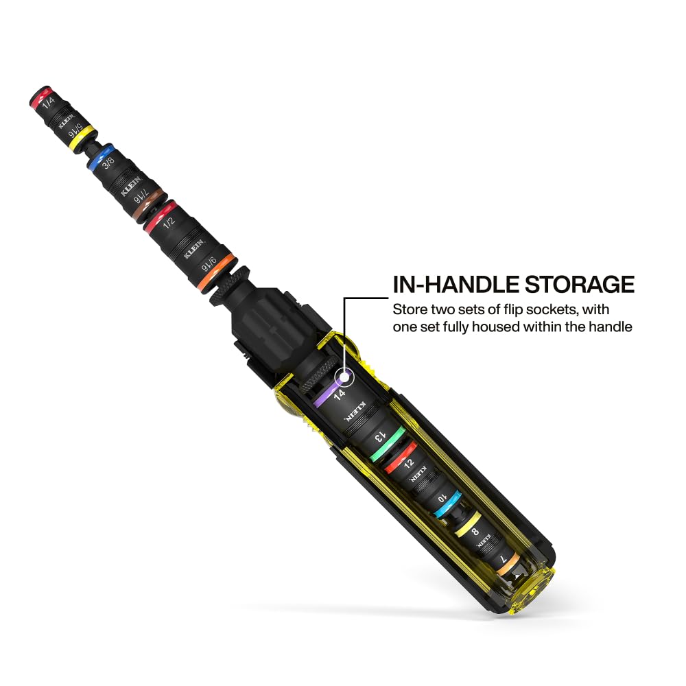 Klein Tools 32914HD Juego de Desarmador de caja, 14-en-1 con Clasificación de Impacto, Tamaños SAE y Métricos, Juego de Dados Magnéticos con 12 Llaves Hexagonales y Portapuntas, Mango con Empuñadura