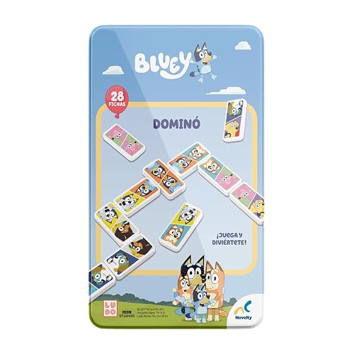 Bluey Dominó Infantil en Tin (Caja metálica), Juego de Mesa con 28 Fichas Ilustradas