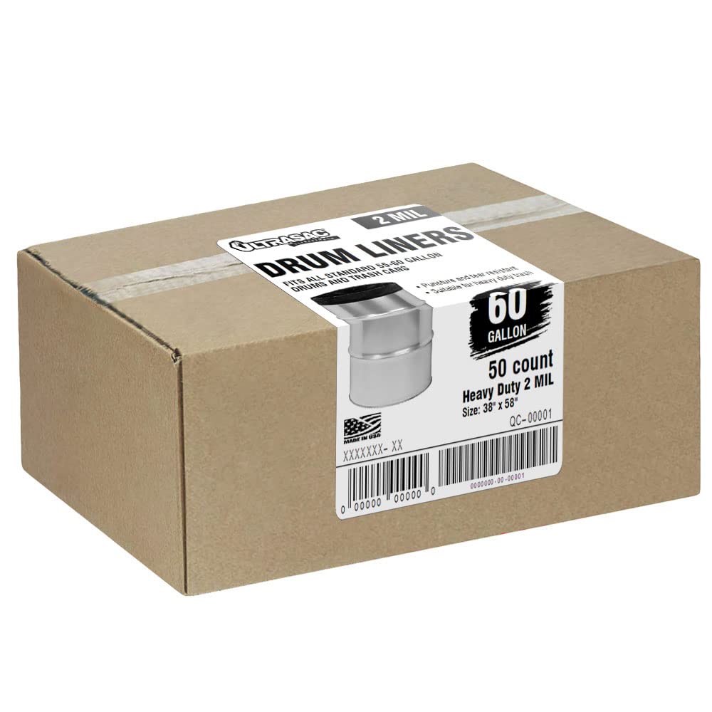 Heavy Duty 55 Gallon Drum Liners - (Large 50 Pack /w Ties) - 2 MIL Industrial Strength Plastic 22' x 16' x 28' Professional Black Garbage Bags for Construction, Contractors, Lawn, Leaf, Yard, and More