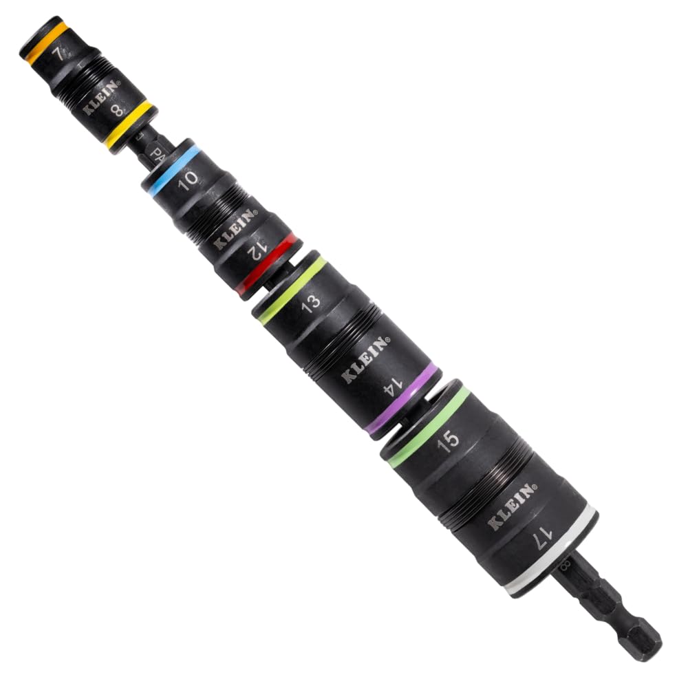 Klein Tools 32934M driver de impacto, juego de enchufes métricos 8 en 1, 4 enchufes giratorios con 7, 8, 10, 12, 13, 14, 15 y 17 mm, tamaño de destornillador de tuerca con clasificación de impacto de