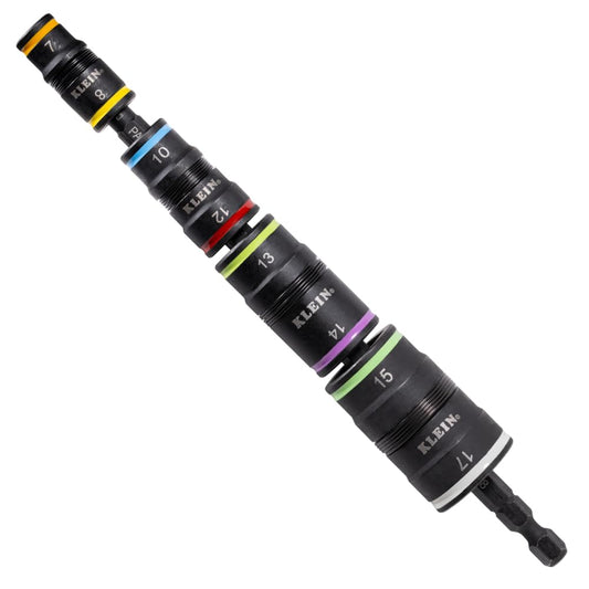 Klein Tools 32934M driver de impacto, juego de enchufes métricos 8 en 1, 4 enchufes giratorios con 7, 8, 10, 12, 13, 14, 15 y 17 mm, tamaño de destornillador de tuerca con clasificación de impacto de